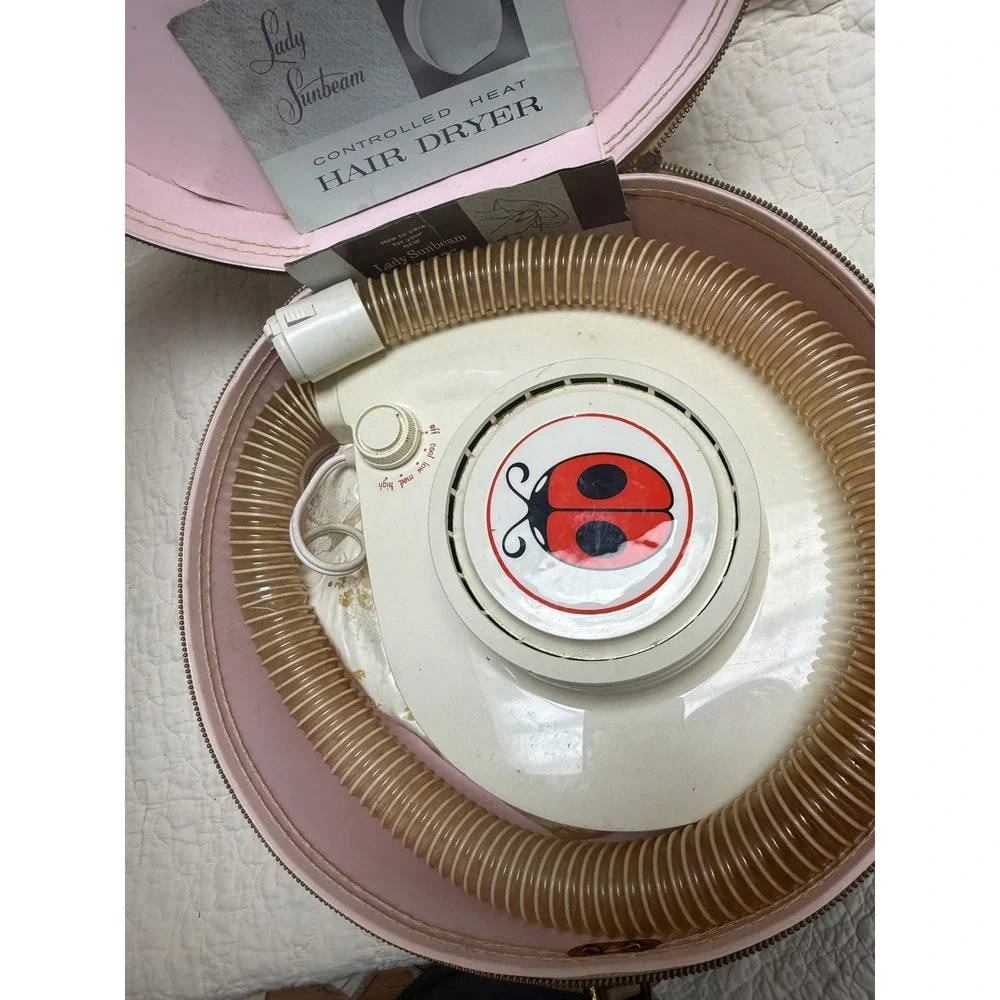 Vintage antique Lady Sunbeam Heat Hair Dryer Ladybug Portable Case Bonnet 60s